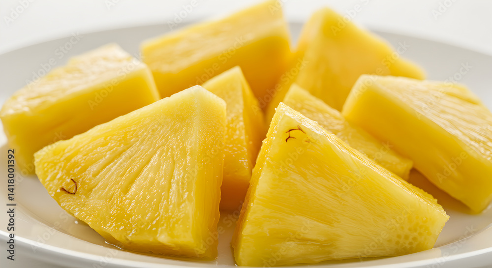 Freshly Sliced Pineapple Chunks Arranged on Plate Ready to Eat Freshly Sliced Pineapple Chunks Arranged on Plate Ready to Eat