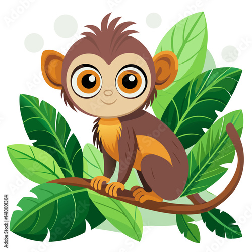 tiny monkey with big eyes on a tree branch, vector art, jungle theme, cartoon cute style, stylized leaves