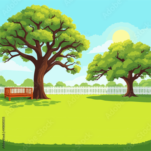  A Tranquil Park Scene with Lush Green Grass, Mature Trees, a Rustic Wooden Bench, and a Classic White Picket Fence Under a Bright Sunny Sky