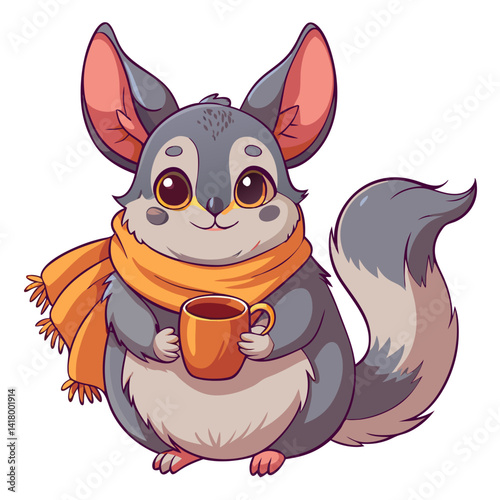 fluffy chinchilla with a scarf, holding a teacup, cozy vector illustration, pastel warm tones, minimalistic, clean cute style