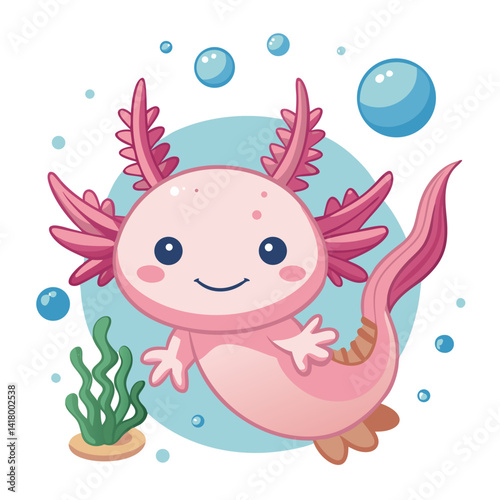 pink axolotl smiling underwater with floating bubbles and coral, vector style, kawaii, round shapes, simple cute illustration for kids