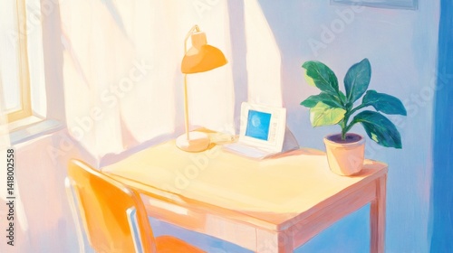 Sundrenched workspace Lamplit desk vintage PC houseplant
