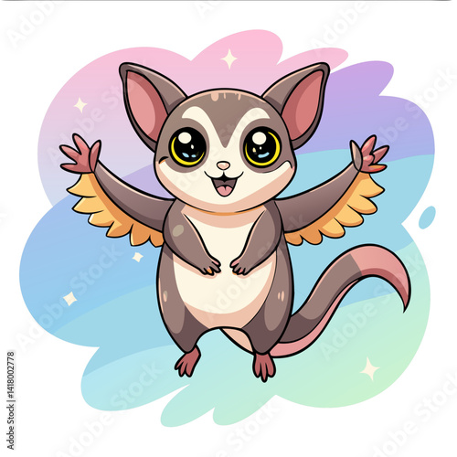 sugar glider flying with open arms, pastel sky background, vector, cartoon animal, kawaii face, stylized wings, clean outline