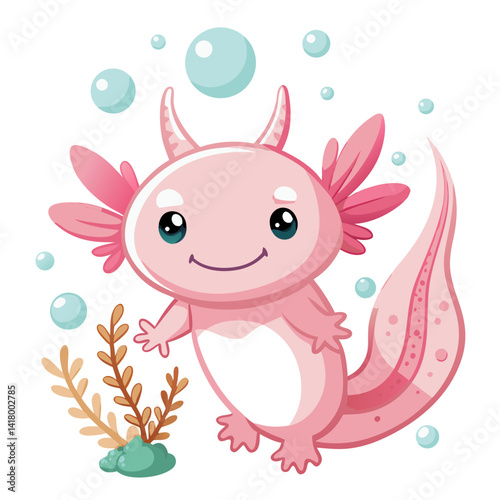 pink axolotl smiling underwater with floating bubbles and coral, vector style, kawaii, round shapes, simple cute illustration for kids