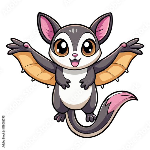 sugar glider flying with open arms, pastel sky background, vector, cartoon animal, kawaii face, stylized wings, clean outline