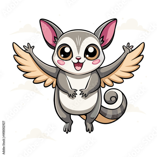 sugar glider flying with open arms, pastel sky background, vector, cartoon animal, kawaii face, stylized wings, clean outline