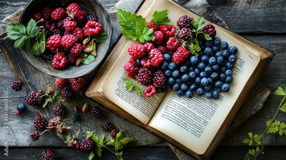Open book with wild berries and mmegr recipe beautifully photographed.