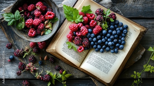 Obraz na płótnie Open book with wild berries and mmegr recipe beautifully photographed. w salonie