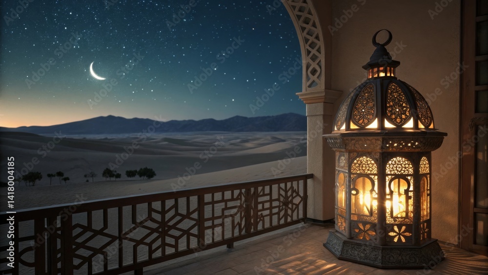 Fototapeta premium a single ornate arabic lantern glowing