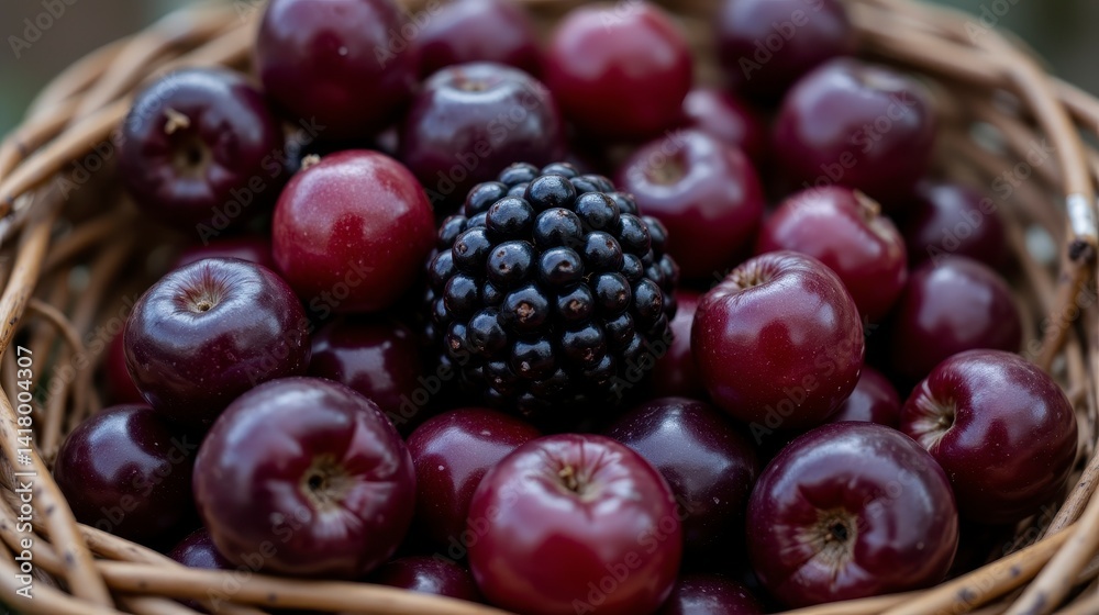The portrait captures a ripe black berry nestled among a cluster of glossy, deep purple berries in a rustic wicker basket, highlighting its rich color and plump, juicy appearance. The portrait captures a ripe black berry nestled among a cluster of glossy, deep purple berries in a rustic wicker basket, highlighting its rich color and plump, juicy appearance.