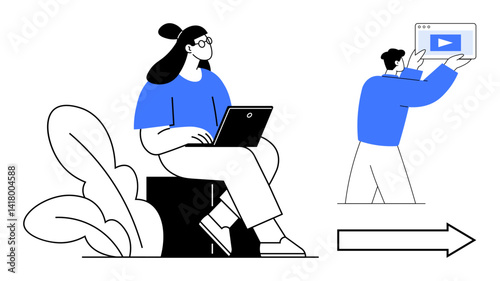 Woman sitting with laptop near foliage, man presenting video screen, and directional arrow. Ideal for education, productivity, digital media, content creation, teamwork, marketing simple landing