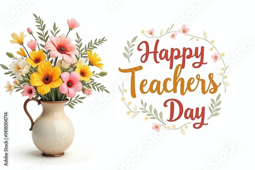 Happy Teachers Day Floral Greeting – Vase with Flowers Appreciation Card Design .