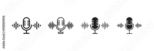 Microphone Icon with Soundwave Set Outline and Solid Vector Design