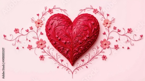 A vibrant red heart design with intricate embroidery details in shades of pink, surrounded by delicate flowers and swirls, set against a soft pastel background.