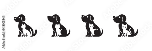 Dog and Cat Sitting Together Icon Set in Solid Pet Silhouette Style
