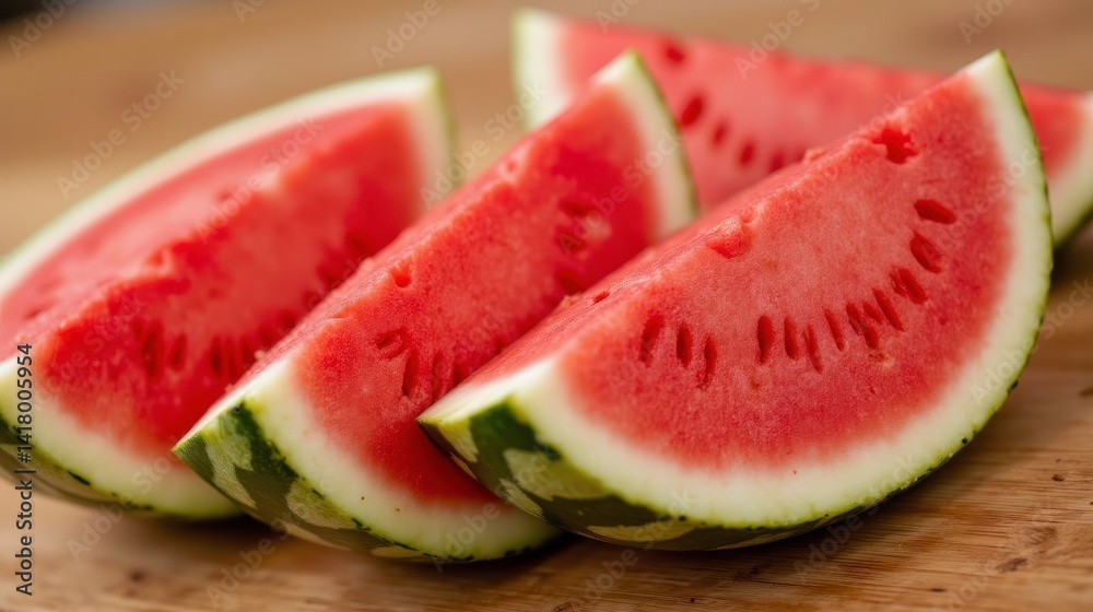 The photo showcases a group of watermelon slices arranged beautifully on a wooden table, with their vibrant colors and juicy texture enticing the viewer's taste buds. The photo showcases a group of watermelon slices arranged beautifully on a wooden table, with their vibrant colors and juicy texture enticing the viewer's taste buds.