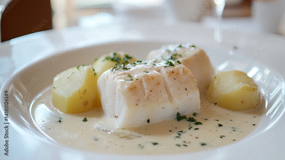 Fototapeta premium Plukkfisk, a mix of cod, potatoes, and white sauce, comfort food served on white porcelain.