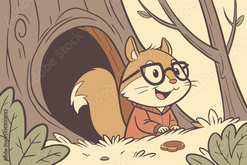Adorable Squirrel Wearing Glasses Peeking from Tree Hollow – Whimsical Forest Close-Up in Photorealistic Style.