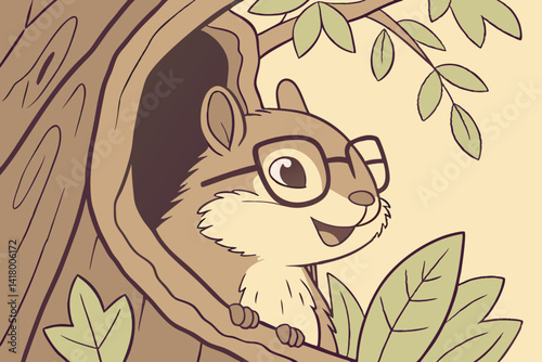Adorable Squirrel Wearing Glasses Peeking from Tree Hollow – Whimsical Forest Close-Up in Photorealistic Style.