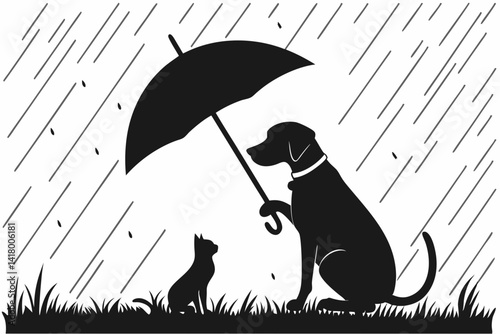 Emotive Black and White Silhouette of Dog Holding Umbrella for Cat in Rain – Minimalist Symbol of Friendship and Compassion.