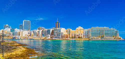 Obraz na płótnie Cityscape of St Julian's Bay and skyscrapers in Paceville distric, Malta w salonie