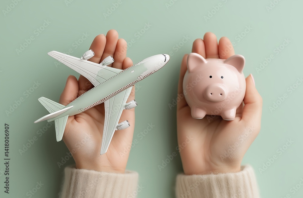 A creative concept of saving money for travel, showing a model airplane in one hand and a piggy bank in the other, symbolizing the balance between dreams and finances.