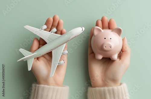 Obraz na płótnie A creative concept of saving money for travel, showing a model airplane in one hand and a piggy bank in the other, symbolizing the balance between dreams and finances. w salonie