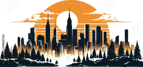 Epic Skyline Silhouettes at Sunset vector illustration 
