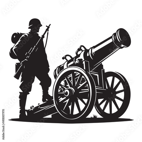 Artillery soldier with cannon silhouette vector illustration battle preparation