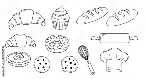 Bakery Collection: A delightful array of baked goods and essential tools meticulously rendered in a clean, minimalist black-and-white line art style, perfect for culinary or design projects.