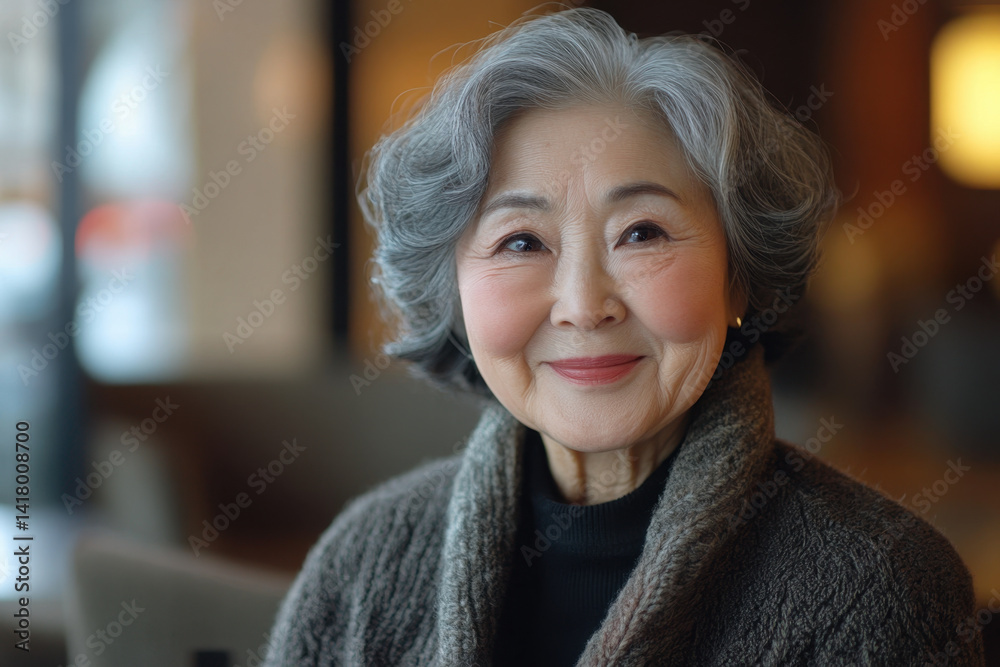 Older woman with grey hair and black sweater enjoys tea in a sunlit garden, surrounded by colorful flowers and a quaint wooden bench. Older woman with grey hair and black sweater enjoys tea in a sunlit garden, surrounded by colorful flowers and a quaint wooden bench.