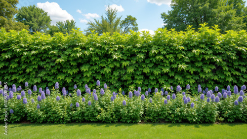 A lush green garden wall with vibrant purple flowers blooming at its base, under a clear blue sky.