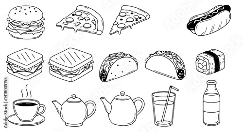 Delicious Culinary Delights: A captivating array of culinary illustrations showcases a mouthwatering assortment of dishes, from pizza and burgers to sushi and hotdogs.