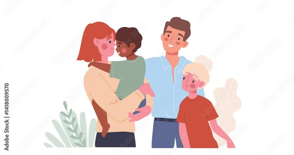 Child adoption scene. Moving banner with happy couple hugging their adopted children. Foster family with daughter and son. Parents Give Love to Children from Orphanage. Cartoon flat animated graphics
