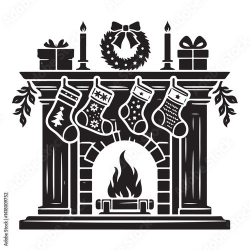 Silhouette christmas fireplace with stockings vector illustration template