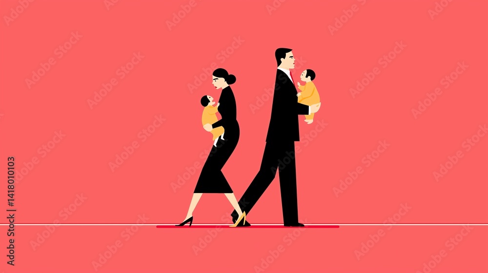 Stylized illustration of a couple walking apart, each carrying a child. The vibrant backdrop enhances themes of family dynamics and modern relationships in a minimalistic design.