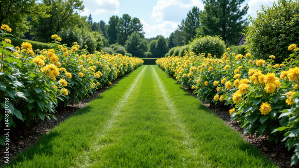 Obraz premium A well-maintained garden with rows of yellow flowers set against a backdrop of green foliage on a clear day.