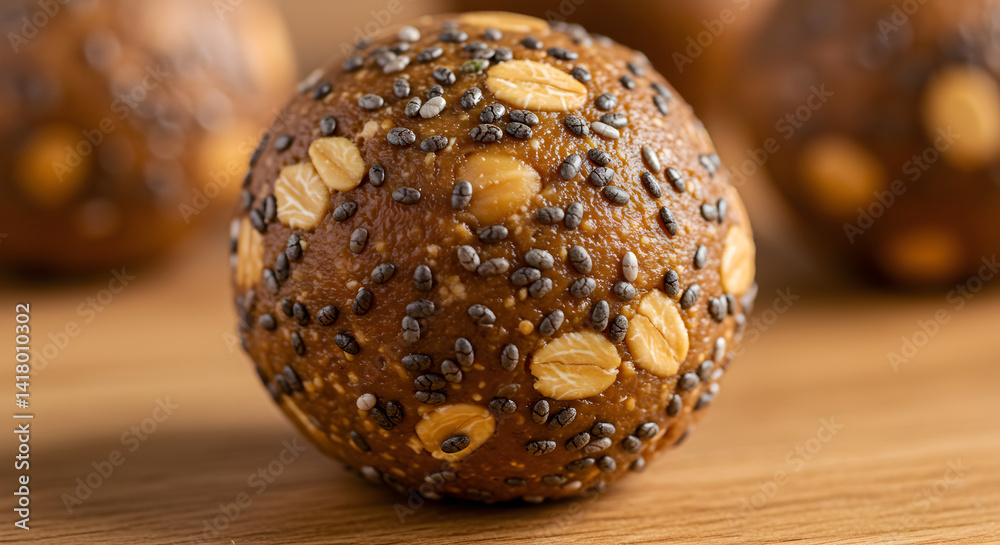 Energy Bites Crafted With Oats And Chia Seeds On Wooden Table Energy Bites Crafted With Oats And Chia Seeds On Wooden Table
