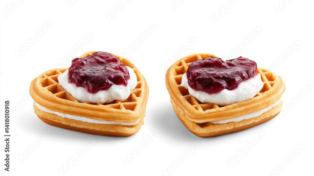 Traditional waffles heart-shaped, topped with jam and sour cream, isolated on white table. Traditional waffles heart-shaped, topped with jam and sour cream, isolated on white table.