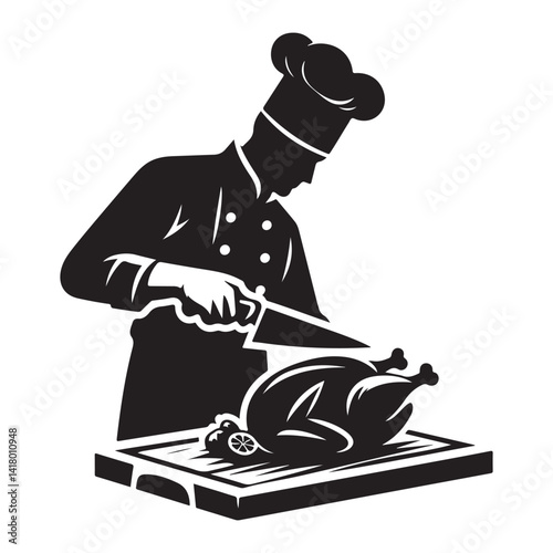 Skilled Chef Carving Roast Turkey Silhouette Culinary Excellence Illustration