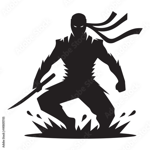 Silhouette Martial Art Ninja Warrior Ready Stance Vector Illustration Design