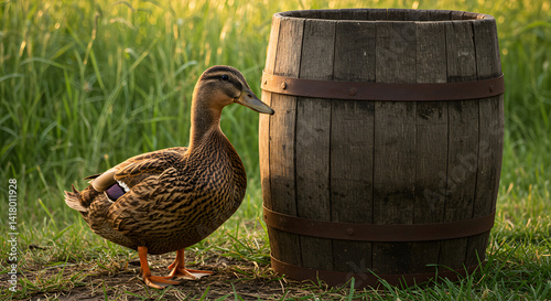 Tranquil Scene Duck Posing Neaby An Aged Wooden Barrel In Nature photo