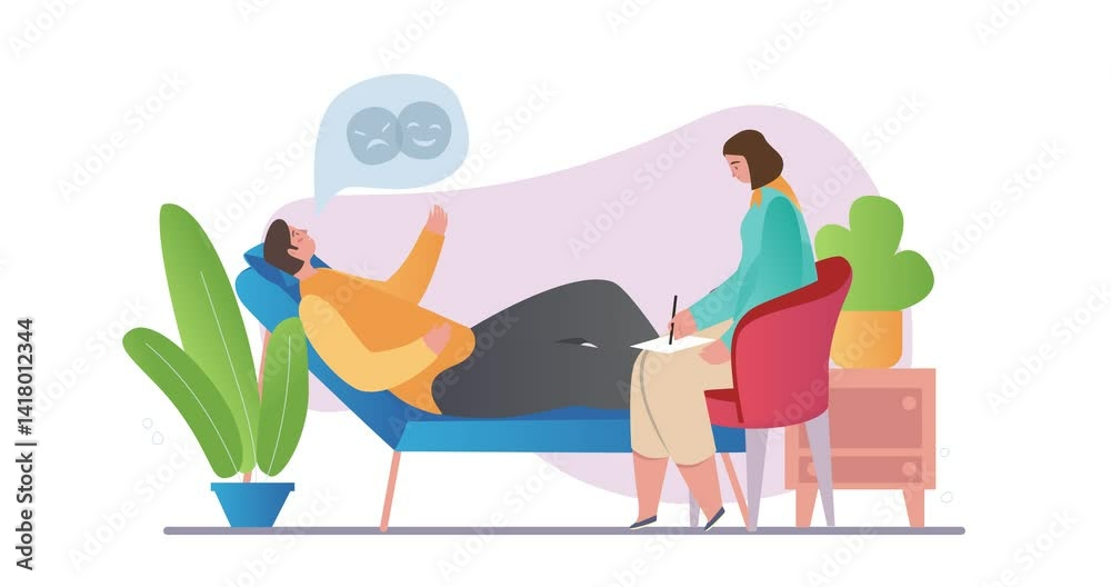 Psychotherapist session. Moving banner with confused man at appointment with psychologist. Treatment of depression, psychological disorders and mental problems. Cartoon flat animated graphics