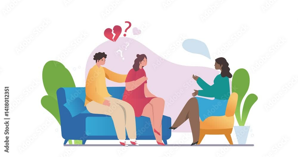 Psychotherapist session. Moving banner with young couple on verge of relationship breakup or divorce at family psychotherapy session with psychologist. Cartoon flat animated graphics