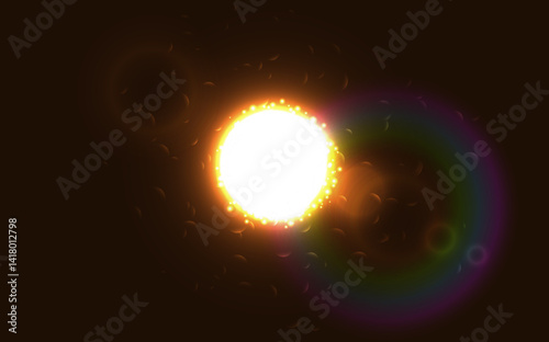 Glowing explosion of light with radiant particles and lens flare on dark backdrop. Ideal for sci-fi, cosmic designs, energy backgrounds, and futuristic digital art