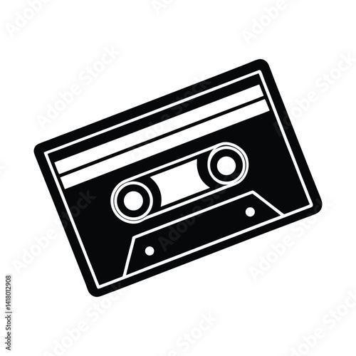 Retro black vector illustration of a cassette tape, symbolizing vintage music, audio recording, nostalgia, and analog sound in flat style.