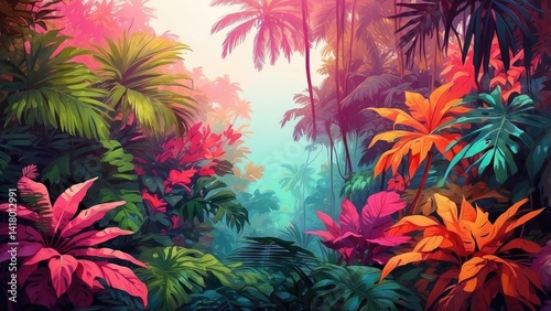 A lush, vibrant tropical scene showcasing a variety of plants. The foreground features large, colorful leaves in shades of pink and yellow, while blurred green foliage fills the background