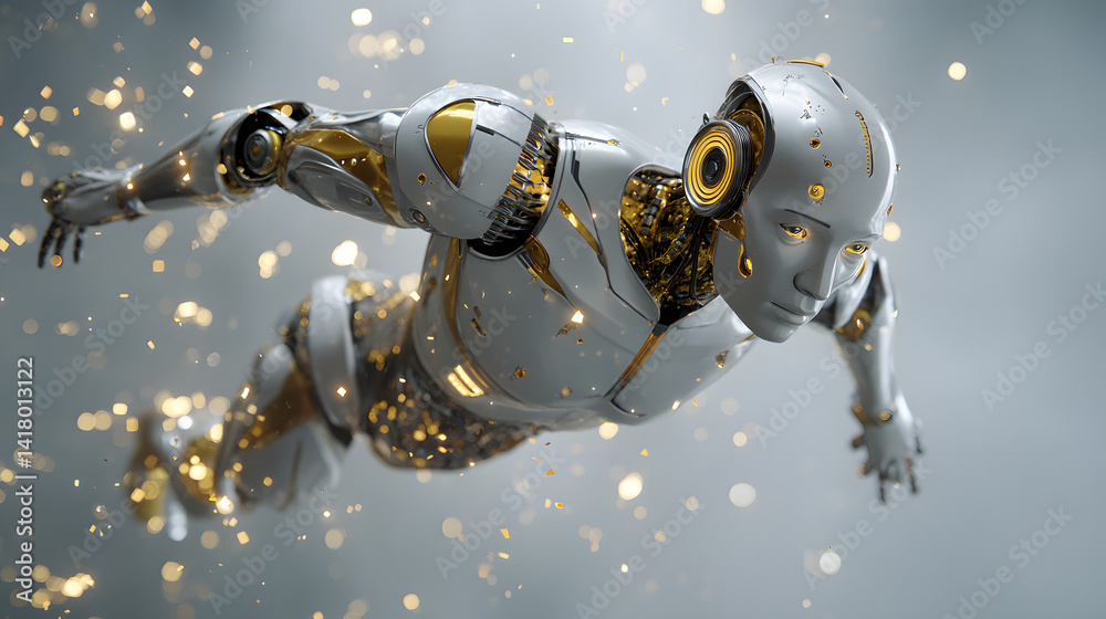 Naklejka premium Cybernetic Voyager: A futuristic android gracefully soars through a mesmerizing nebula of golden sparks, embodying the limitless potential of technology and the boundless spirit of exploration.