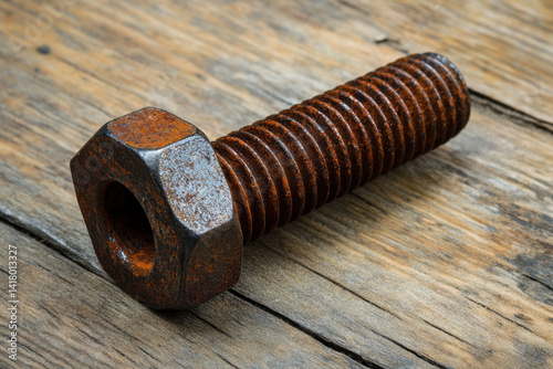 Rusty screw on wooden table, rustic charm in worn metal against earthy tones, simple yet intriguing industrial detail.
