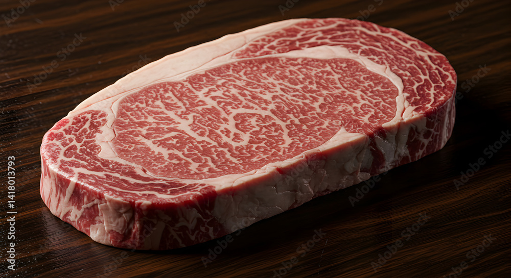 Prime Ribeye Steak With Intricate Marbling On A Dark Wooden Surface Prime Ribeye Steak With Intricate Marbling On A Dark Wooden Surface